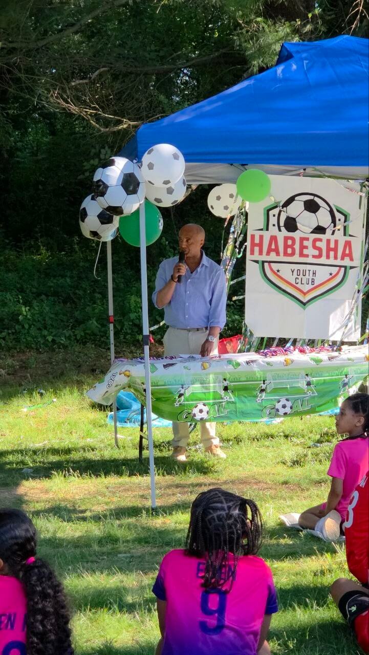 HYC Chairman Zewdu Alem delivering the second anniversary speech at Centennial Park